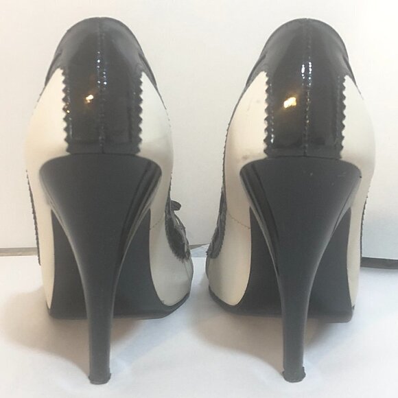 ANDREA Heels Women's Size 7.5 Cream Black Peep Toe Shoes - Picture 3 of 11